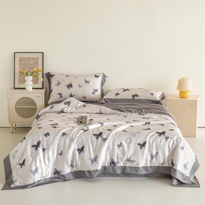Атласне покривало, гладеньке як шовк, стьобана ковдра з метеликами та квітковим візерунком для двоспальних та односпальних ліжок, легке, м&39яке, штучний шовк, прохолодна літня ковдра (сірий, 200x230 см) сірий 200x230 см