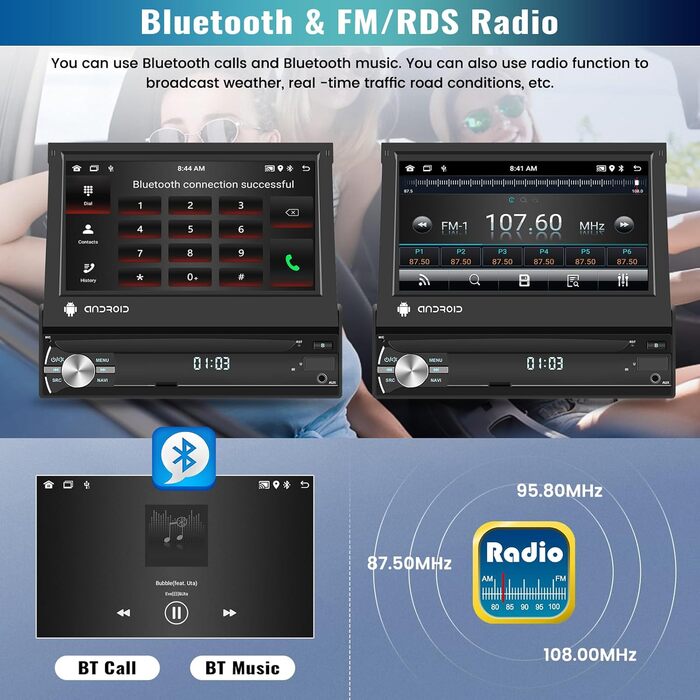 Автомобільне радіо CAMECHO Android 13 1G32G 1 Din з бездротовим Apple Carplay Android Auto, 7-дюймовий екран, автомагнітола з висувним дисплеєм, Bluetooth Mirror Link, WiFi GPS, SWC FM RDS камера заднього виду