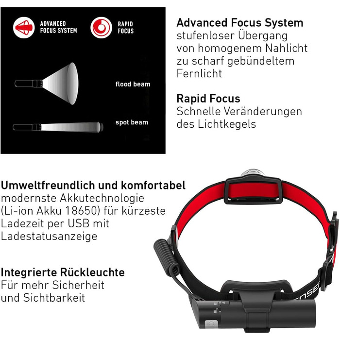 Світлодіодний налобний ліхтар Ledlenser H8R, акумуляторний від літієвої батареї 18650, 600 люмен, фокусувальний, до 120 годин роботи, червоне заднє світло, поворотний, кабель для заряджання USB, налобний