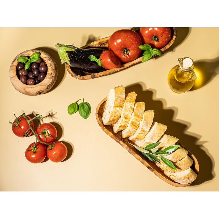 Набір з 2 багетів з оливкового дерева Миска для хліба - Миска для закусок подовжена - Сільська дерев'яна миска - Декоративна миска