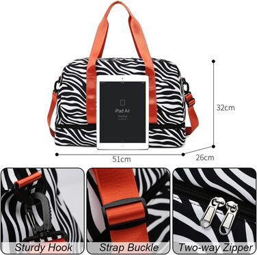 Жіноча спортивна сумка, дорожня сумка, 42,43 л, жіноча спортивна сумка для коротких поїздок з відділенням для взуття та відділенням для вологих речей, велика сумка на вихідні з зебровим та леопардовим принтом, водонепроникна, бежева, A