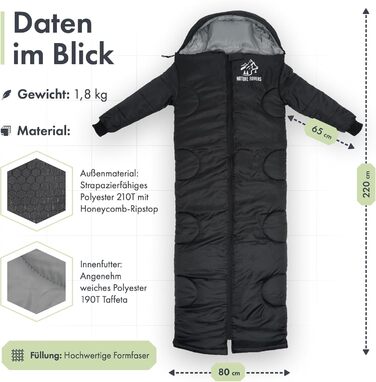 Спальник з рукавами Спальники для дорослих, для активного відпочинку та кемпінгу 3 сезони Спальник-ковдра з отворами біля ніг 220x80 см, водовідштовхувальний В комплекті подушка Nature Rovers Black