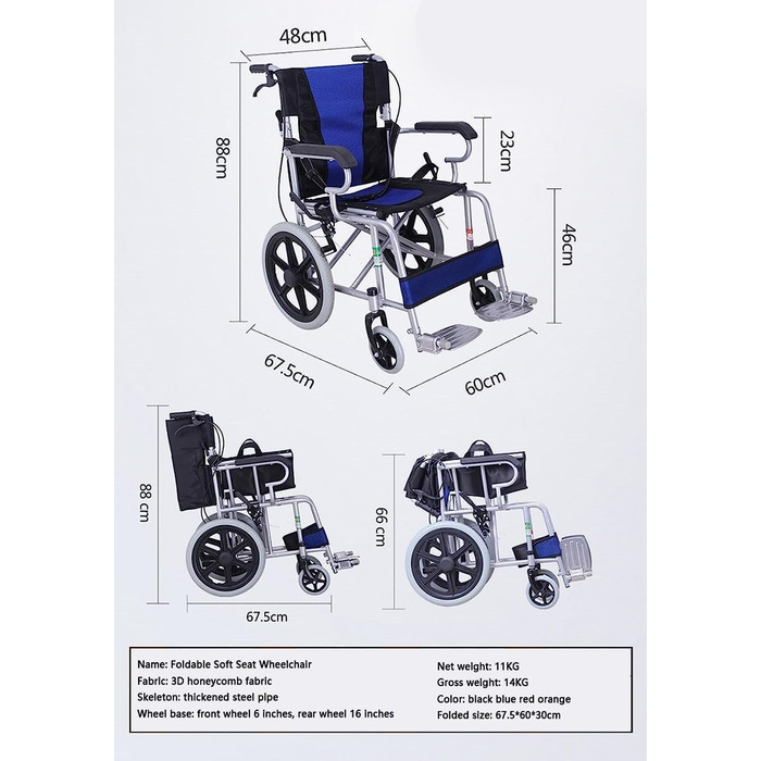 З полегшеною сталевою рамою, портативне розбірне транзитне крісло, надлегкий повітряний скутер для інвалідів, сидіння помаранчевого шириною 17,7 дюйма