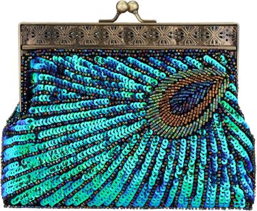 Клатч жіночий Kwolf Павичче сяйво, вінтажний стиль, з паєтками та перлами, блакитно-павичий, універсальний розмір. Ідеально для весілля, вечірки, коктейлю.