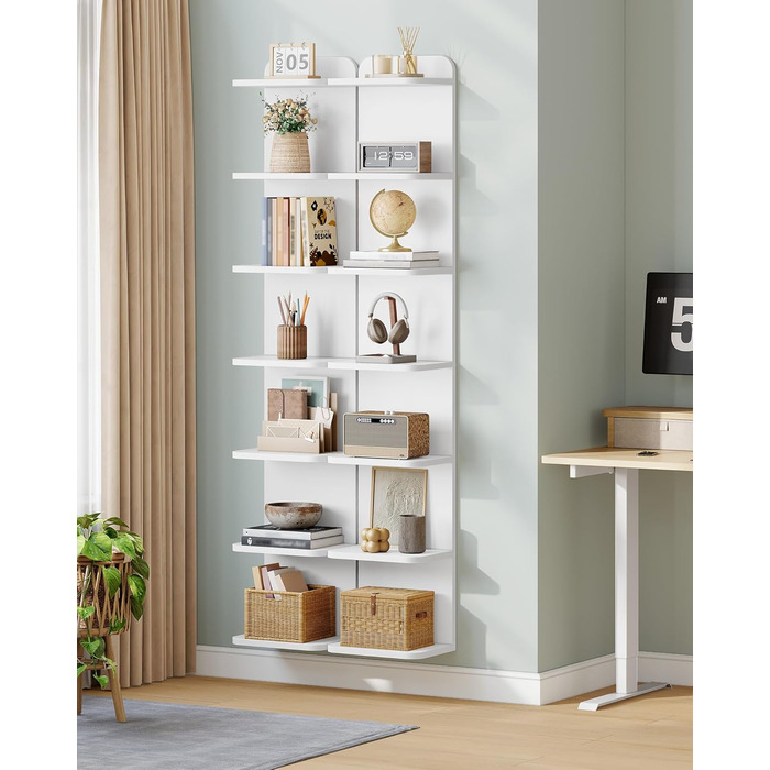 Полиця Hzuaneri, 7-рівнева окремостояча полиця, сучасний дизайн книжкової шафи, настінна полиця, книжкова шафа, окремостояча або настінна, для кабінету, вітальні, спальні, 24 x 30 x 186 см, білий BC88803X