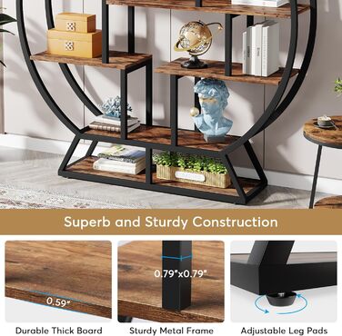 Кругла книжкова полиця Tribesigns, промислова 5-ярусна книжкова полиця, висота 160 см, рустикальна відкрита полиця, органайзер, полиця для дому, офісу, вітальні, рустикальний коричневий колір