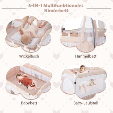 Дитяче ліжечко DREAMADE 5-в-1 для подорожей з матрацом та балдахіном, складне дитяче ліжечко на колесах, пеленальний столик та манеж, приліжкове ліжечко з музичною скринькою та підвісними іграшками, для новонароджених 0-36 місяців (рожеве)