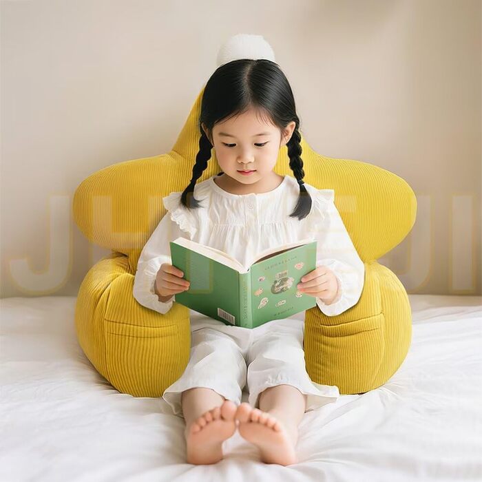 Дитяча подушка для читання на ліжко та диван, жовта вельветова спинна подушка з підлокітниками та кишенями, переносна подушка для ліжка, подушка для підтримки спини зі знімним чохлом, який можна прати, 53x38x58 см, жовтий.