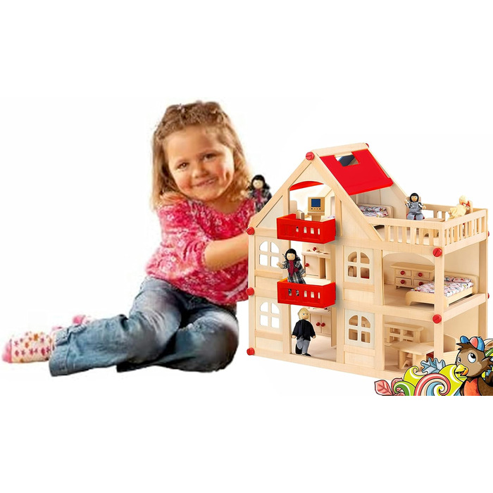 Дерев&39яний ляльковий будиночок для ляльок, кімната для ляльок з 3 поверхами, 4 ляльки та 15 предметами меблів, ручка для перенесення 555x26 см