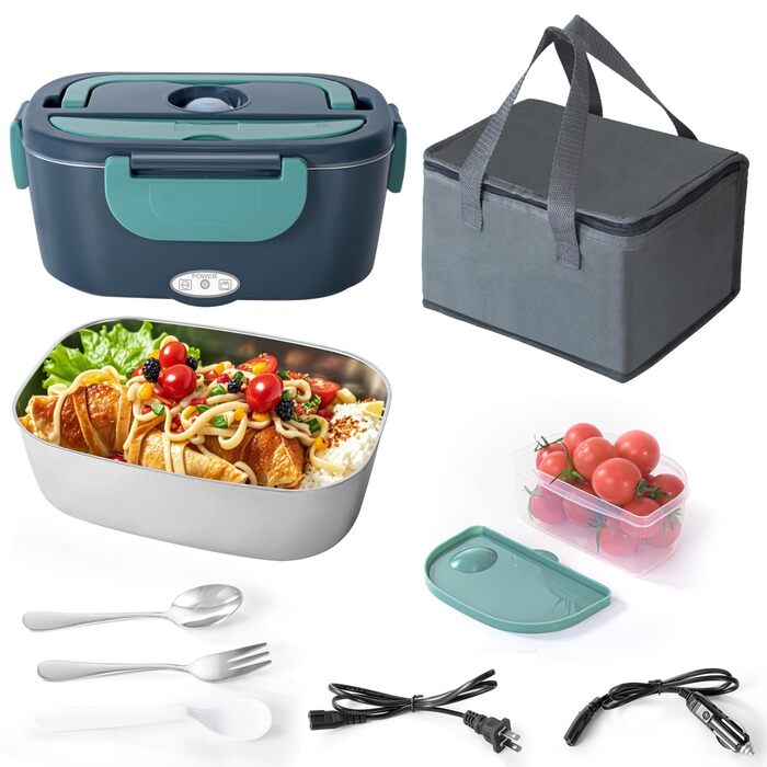 Електричний ланчбокс з підігрівом, портативний контейнер для їжі 1.5 л з нержавіючої сталі, герметичний. 3-в-1 для автомобіля (12V/24V), офісу (220V) та подорожей, з виделкою, ложкою та термосумкою (зелений)