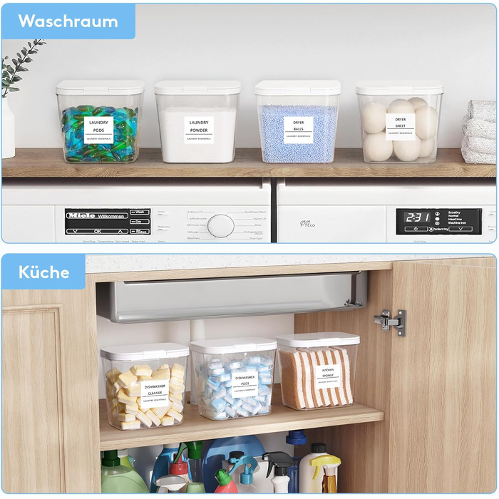 Контейнери для прального порошку Lifewit, 4 шт., 2700 мл/0,72 галона, з етикетками та ложками, коробка для зберігання прального порошку із застібкою-кнопкою, коробка для миючого засобу, контейнер для зберігання прального порошку з підсилювачем перлового а