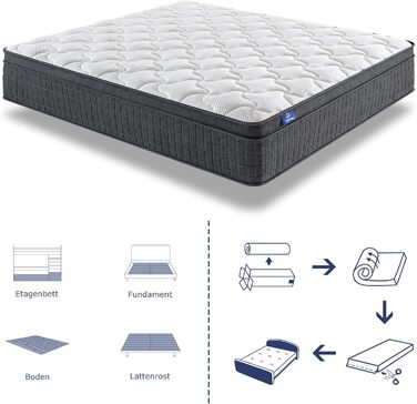 Матрац SuiLong Premium 140x200, висота 26 см, жорсткість H3, середньо-жорсткий, 7-зонний пружинний матрац із сертифікацією Oeko-Tex, ортопедичний пружинний матрац кишенькової форми з гелевим наповнювачем з ефектом пам&39яті, висота 26 см, 140 x 200 см