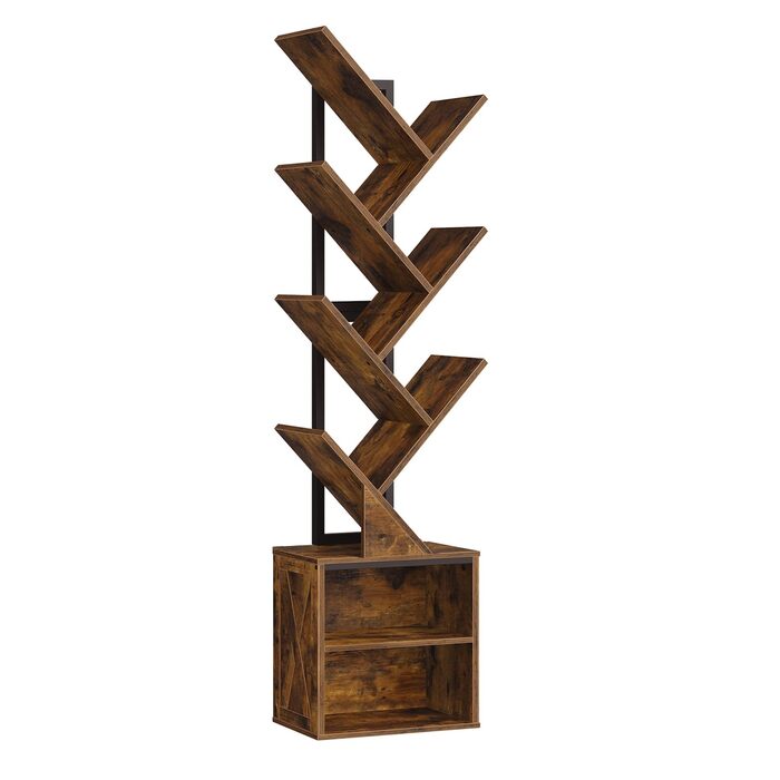 Книжкова полиця у формі дерева, 9-ярусна окремостояча полиця, стійка для CD/DVD, дерев&39яний каркас з металевим каркасом, кутова полиця, що економить місце, окремостояча книжкова вежа для вітальні, спальні, офісу, бібліотеки, вінтажний коричневий колір