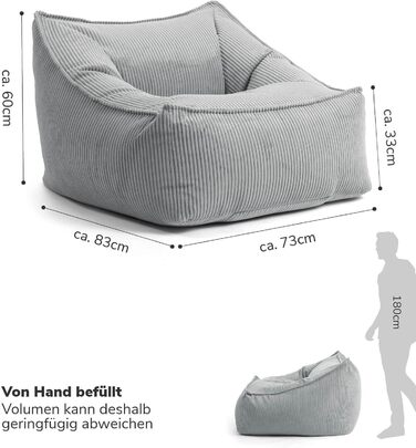 Крісло-мішок з вельвету mokebo The Loafer, XXL, крісло-мішок, вельветове крісло або крісло для відпочинку для вітальні та зимового саду, також як гігантське крісло-мішок розміром 83x73x60 (ШxВxГ у см) сірого кольору, тканина для крісла-мішка з вельвету сі