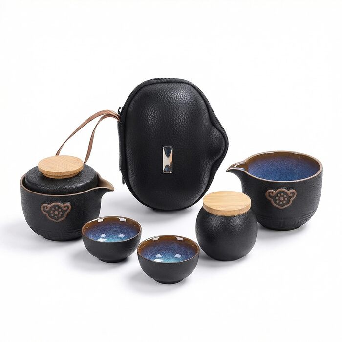 Набір для чаювання Кунг-Фу в дорожній сумці, ручна робота, кераміка чайник (), чашки (2 шт.), чайна шкатулка (). Ідеально підходить для дому, офісу та подорожей.