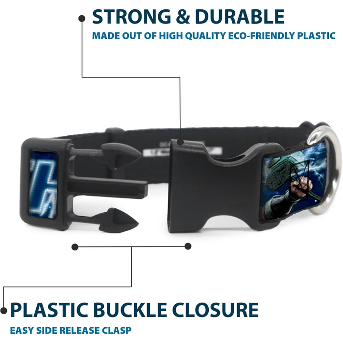 Нашийник для собак, пластиковий, Месники, Тор, Молот, в динамічній позі, Галактика, Синій, Білий, ширина 33-45,7 см, 1.5 см - підходить для обхвату шиї 33-46 см, розмір S