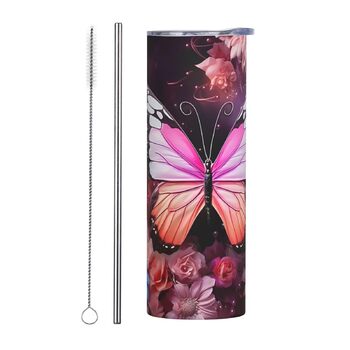 Кухоль з прямою трубочкою, принтом з метеликами та квітами, дорожній кухоль, підходить для кемпінгу, офісу та дому, 590 мл