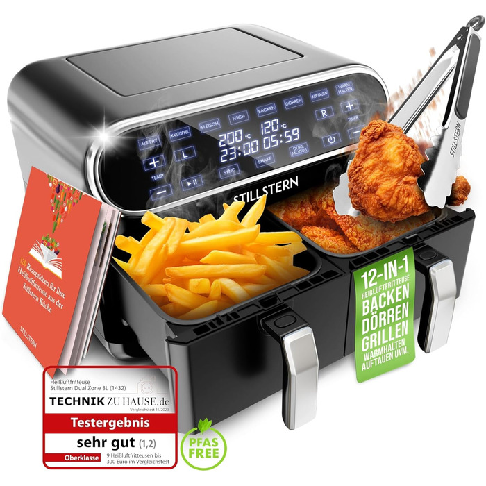 Л, 2400 Вт, 80-200 C, функція струшування розроблена STILLSTERN, Same-End, 120 рецептів GERMAN, 8 програм, зневоднення, розморожування та підтримання тепла, фритюрниця чорна, 1-8 Pers 2x4 8