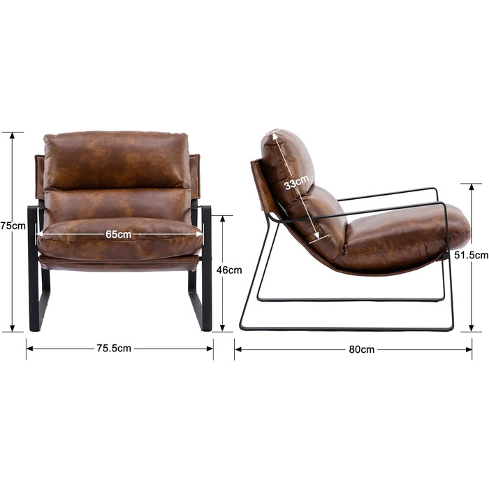 Крісло для вітальні, крісло для читання з підлокітниками, сучасне крісло для відпочинку з металевим каркасом, штучна шкіра, коричневий колір