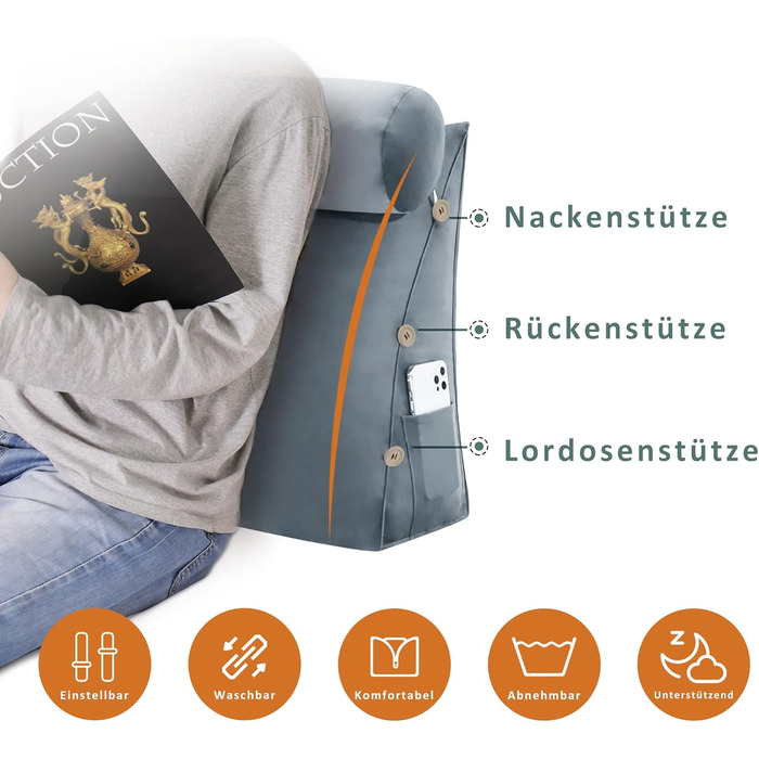 Подушка для спини Johnear зі знімним валиком для шиї, м&39яка оксамитова подушка для шиї, подушка для дивана, подушка для книги, подушка для читання, трикутна клиноподібна подушка, підтримка шиї (сіра, 60 см) Оксамитова сіра подушка для шиї 60 x 22 x 50 с