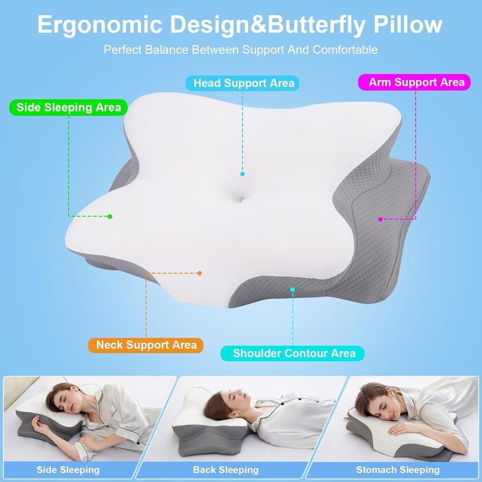 Подушка з піни з ефектом пам&39яті, ортопедична подушка для шиї від болю в шиї, подушка для всіх положень сну (на боці, на спині, на животі), подушка для шиї з дихаючим чохлом для дорослих, сіра, біла, 6342,513,8/9 см