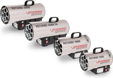 Промисловий газовий обігрівач/нагрівальна гармата Rothenberger з п&39єзоелементом, шлангом, регулятором, захистом від розриву шланга RoTurbo 35000SA 1000C Регульований Включає Bluetooth-динамік, час роботи до 30 годин RoTurbo 35000 з регульованою функцією