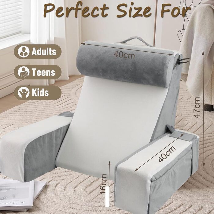 Подушка для читання на ліжку та дивані, подушка для спини, подушка для відпочинку на ліжку зі знімним валиком для шиї та підлокітниками, ергономічна подушка для спини/голови для читання, перегляду телевізора, сидіння та лежання