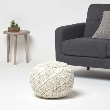 Пуф Homescapes Crochet Pouf, натуральний, кругла підлогова подушка 35 x 40 см у стилі бохо, декоративна підставка для ніг у стилі макраме, в&39язаний гачком пуф зі 100 бавовни, в&39язаний гачком пуф/в&39язаний табурет 35 x 40 см натуральний