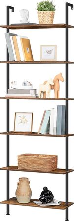 Рівнева книжкова полиця HOOBRO своїми руками, промислова драбина, полиця з ДСП, вертикальна полиця зі стабілізуючою металевою рамою, для домашнього офісу, вітальні, темно-коричневий EBF65CJ01 60 x 24 x 200,5 см темно-коричневий чорний, 6-