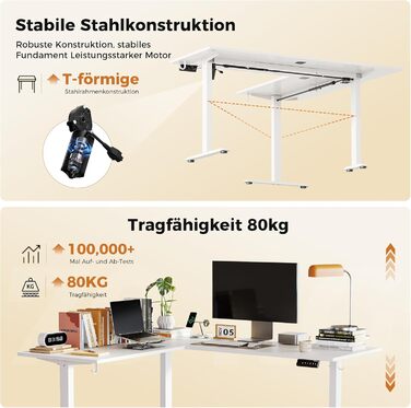 Г-подібний стіл Agilestic з регульованою висотою, 160 x 140 см, кутовий стіл з електрорегулюванням висоти, ергономічний стіл для роботи сидячи та стоячи, комп&39ютерний стіл, білий, 160 x 140 см