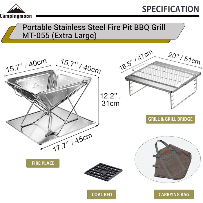 Портативний дров'яний барбекю з нержавіючої сталі та вогнище 50,8 см з сумкою для перенесення MT-055 Extra Large