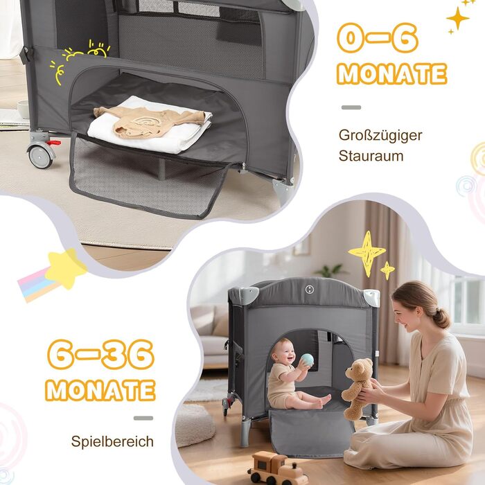 Приліжкове ліжечко 5-в-1, дорожнє ліжечко, дитяче ліжечко з пеленальною підкладкою, містким кошиком для зберігання, москітною сіткою, ігровою аркою та дорожньою сумкою для новонароджених та малюків (сірий колір)