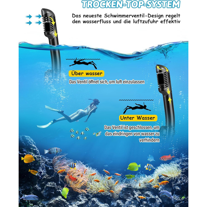 Набір для сноркелінгу QcoQce для дорослих, суха трубка з маскою для дайвінгу із загартованого скла із захистом від запотівання та протікання, панорамний вид та легке дихання для сноркелінгу та дайвінгу, чорний