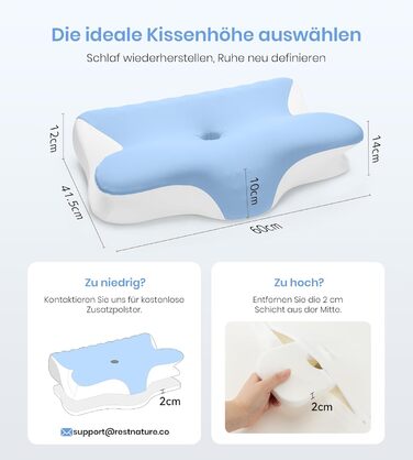 Подушка для шиї, ортопедична подушка з регульованою висотою з піни з ефектом пам&39яті, ергономічна подушка для шиї для сну на боці, спині та животі, подушка для сну на боці, 60x41,5x10/12 см, біло-синій