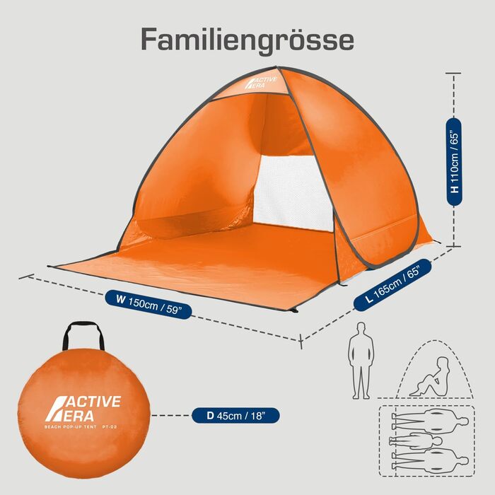 Розкладний пляжний намет Active Era із захистом від ультрафіолету, пляжний намет UPF 50, вітрозахисний пляжний намет, намет для 2-3 осіб, включаючи сумку для перенесення та кілочки - помаранчевий