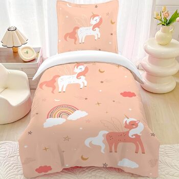 Постільна білизна HOM Unicorn 135x200 для дівчаток - рожева райдужна постільна білизна для дітей - з наволочкою 80x80см 2 шт. Одно