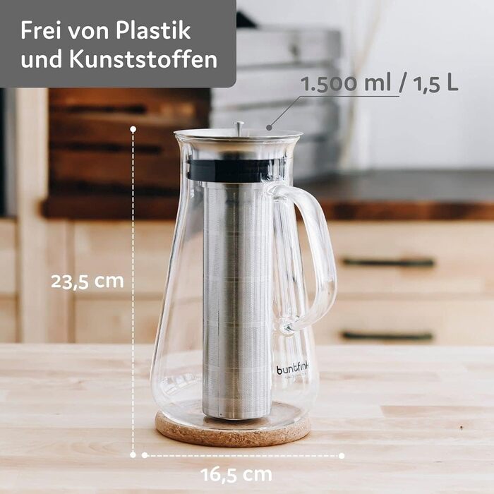 Кавоварка 3-в-1 buntfink MultiPitcher для холодного заварювання кави Графин скляний 1,5 л Графин для води з кришкою з нержавіючої сталі Кавоварка для холодного заварювання кави та чаю Без пластику