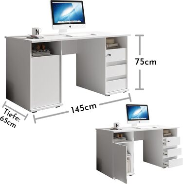 Письмовий стіл PRIMUS з 2 шухлядами, білий - Офісний стіл, комп&39ютерний стіл для домашнього офісу з місцем для зберігання та відкритими полицями - 145 x 74 x 65 см (Ш/В/Г) 145 см білий