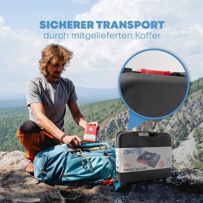 Газова плита ZMC з 1 конфоркою, включаючи адаптер для зрідженого газу та футляр для зберігання. Комплект кемпінгової плити з газовими картриджами 227 г та додатковою гриль-пластиною, для використання на вулиці та в приміщенні. Кемпінгова газова плита з п&