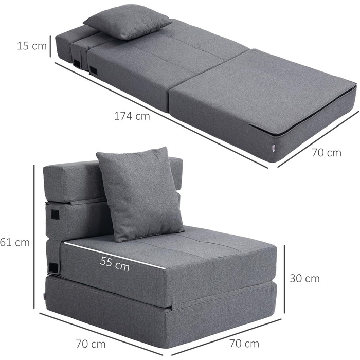 Розкладне крісло-ліжко HOMCOM, диван-ліжко, розкладне крісло 2-в-1 з функцією ліжка, крісло-реклайнер з подушкою, гостьове ліжко для вітальні, спальні, витримує до 120 кг, темно-сірий