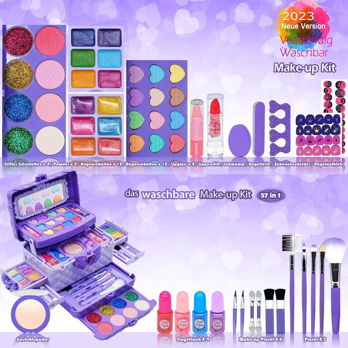 Дитячий набір для макіяжу - Дитячий набір для макіяжу, дитячий футляр для макіяжу для дівчаток, подарунки на Хелловін, Різдво, день народження для дівчаток 4-12 років, фіолетовий Дитячий макіяж для дівчаток, фіолетовий