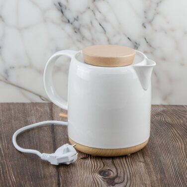 Електричний чайник з кераміки з дерев'яною кришкою, об'ємом 1 літр, білий - Сучасний дизайн. 1200 Вт, 220 В, 50-60 Гц. Чайник елек