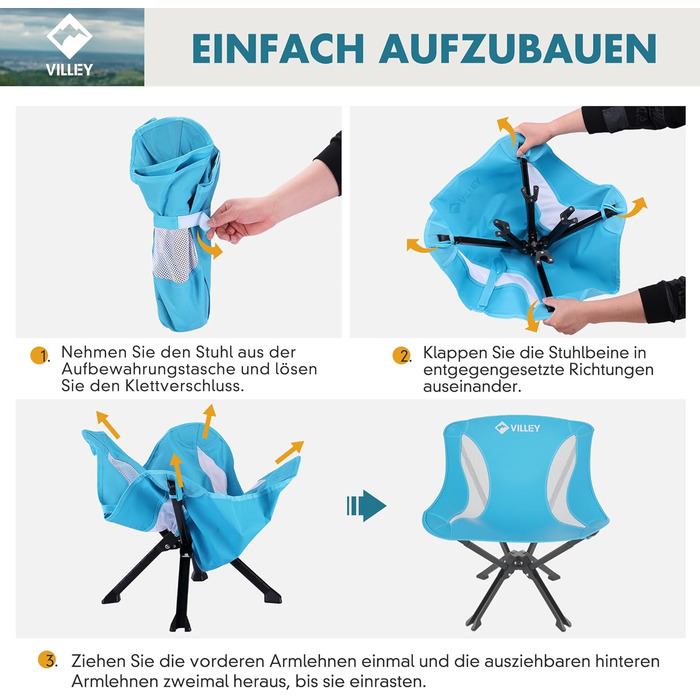 Складаний та портативний кемпінговий стілець VILLEY, синій, складний кемпінговий стілець з алюмінієвою рамою та міцною та дихаючою тканиною, вантажопідйомність 150 кг, кемпінговий стілець з сумкою для використання на свіжому повітрі, риболовля