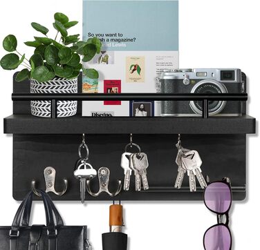 Тримач для ключів на стіну з 5 гачками для ключів, дерев'яна підставка для ключів з полицею настінне кріплення для ключів вішалка