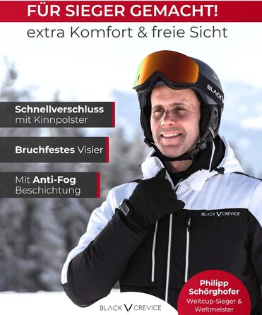 Лижний шолом CREVICE Gstaad з козирком Pilot для чоловіків та жінок Виготовлений з полікарбонату Повітропроникний Регульований розмір M/L Чорний