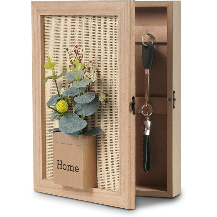 Ключниця з 6 гачками, Декоративна настінна ключниця, Ключниця з металевим замком, Ключниця з декором у вигляді букета штучних квіт