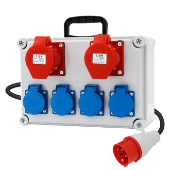 Розподільна коробка для будівельного майданчика, комплект розподільчої коробки 16A, BKV 2/4, водонепроникний розподільник живлення IP44/IP54 з розеткою та ручкою для перенесення, кабель 2 м, для використання всередині та зовні приміщень, 6 портів (з двома