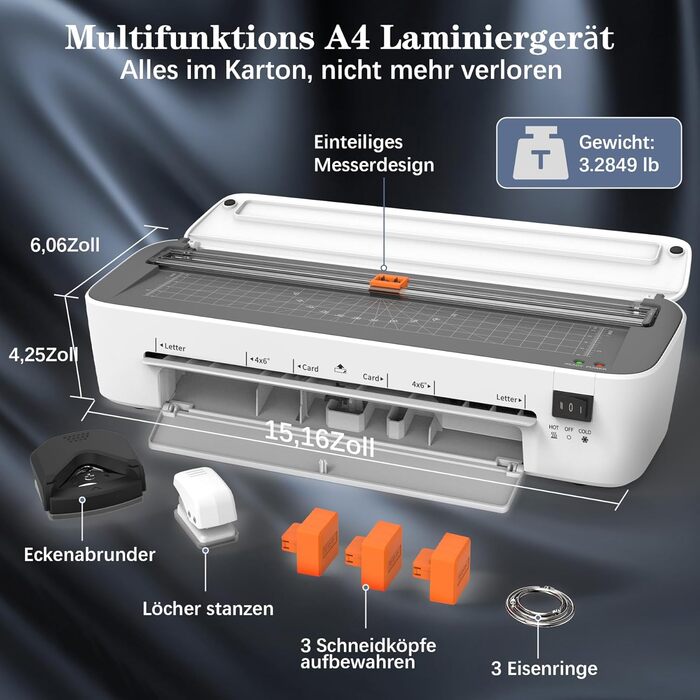 Термоламінатор для формату A4, ламінатор A4, термоламінатор 11 в 1 з 36 ламінувальними пакетами, холодним/гарячим ламінатором, 3 ріжучими головками та вбудованим тримером для школи, дому та офісу, A4 білий
