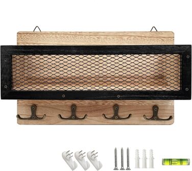 Тримач для ключів настінний декоративний, дерев'яний настінний органайзер для ключів з 4 подвійними гачками для ключів, настінна в