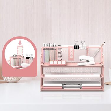 Рівневий органайзер для столу з ручкою та 3 тримачами для ручок, сітчастий органайзер для паперу/файлів на стіл, лоток для паперу та листів, рожевий Pink 1, 3-